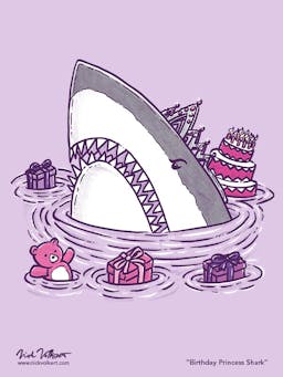 A shark emerges from the water with a tiara, presents and a bad attitude.