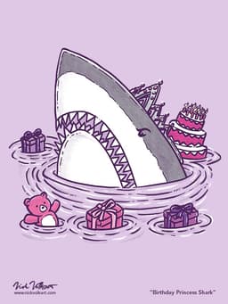 A shark emerges from the water with a tiara, presents and a bad attitude.