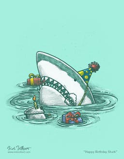 A shark popping out of the water with a cake and presents, frosting on its face.