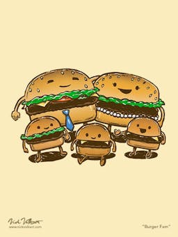 An family of burgers pose as a family with the mom and dad burger and their three slider burger sons.