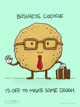 A cookie with glasses and a briefcase gets ready for business.
