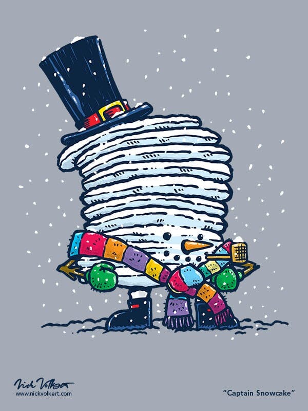 Captain Pancake is enjoying the winter with a straw pipe, top hat, scarf and snowy body and looks like a snowman.