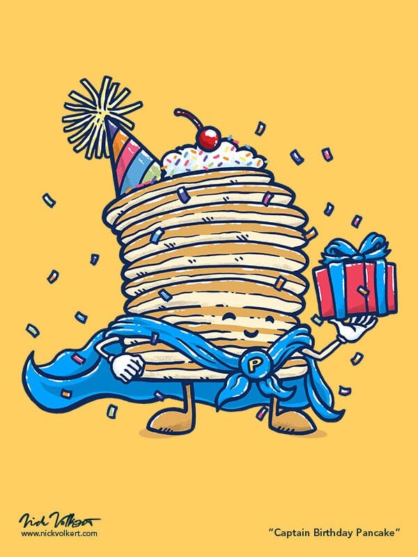 Captain Pancake is celebrating your birthday while holding a present and surrounded by confetti falling down.