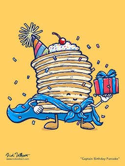 Captain Pancake is celebrating your birthday while holding a present and surrounded by confetti falling down.