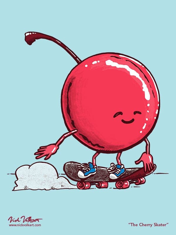 A cherry cruises by on a skateboard.