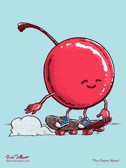 A cherry cruises by on a skateboard.