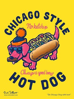 A dachshund dressed in a chicago-style hot dog costume with sunglasses, mustached and a stocking cap.