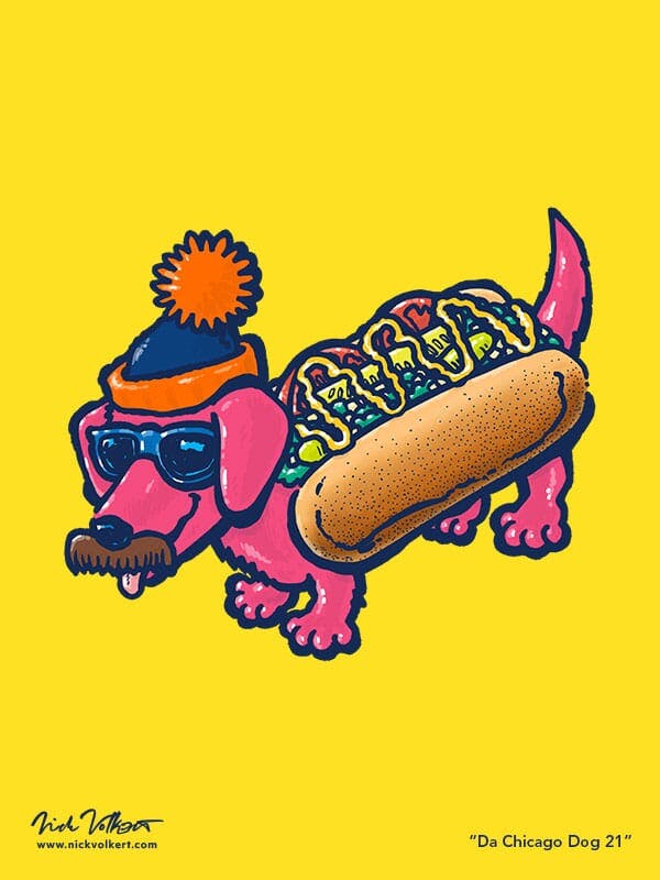 A dachshund dressed in a chicago-style hot dog costume with sunglasses, mustached and a stocking cap.