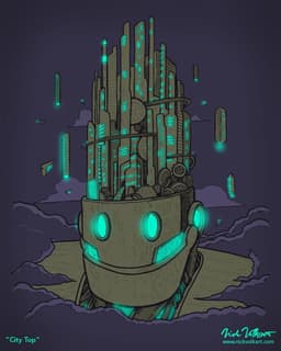 A giant robot with skyscrapers coming out of its head peeking through the clouds.