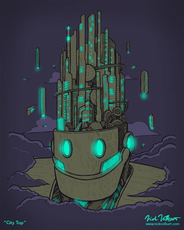 A giant robot with skyscrapers coming out of its head peeking through the clouds.