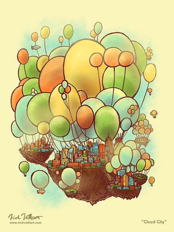 A sunny city that is suspended in the air by balloons.
