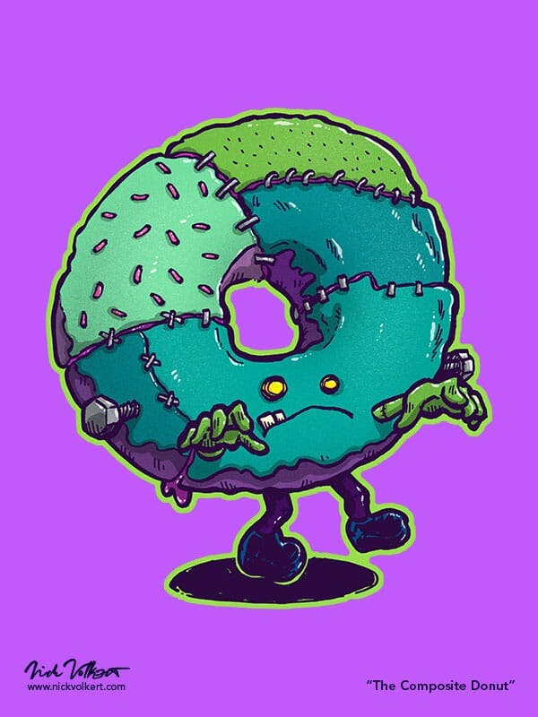 A donut made up of pieces of other donuts that resembles Frankensteins monster