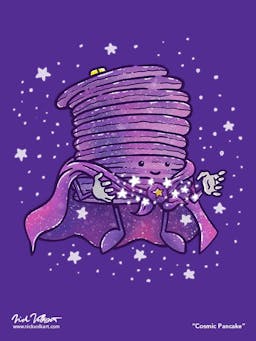 Captain Pancake is floating in space while surrounded by stars and created by a starry pancake batter.