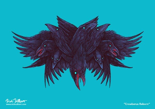 A crow with multiple heads and wings is covered in blood.