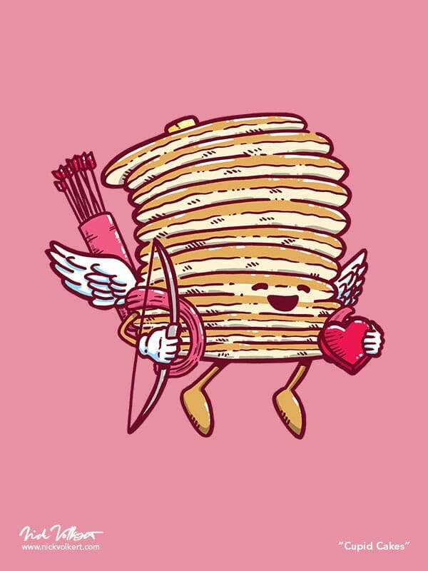 Captain Pancake is dressed like a cherub and is holding a bow and arrow and a box of chocolates in the shape of a heart