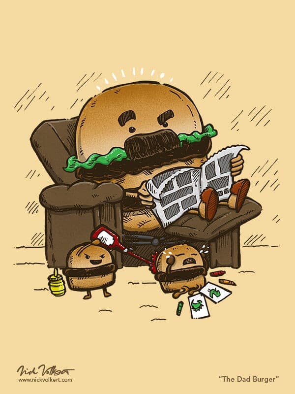 A dad hamburger looks on as his slider children pick on each other.