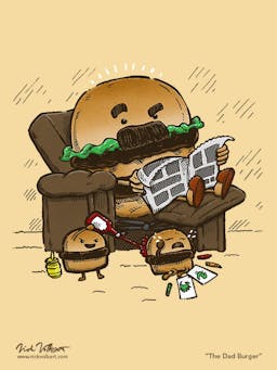 A dad hamburger looks on as his slider children pick on each other.