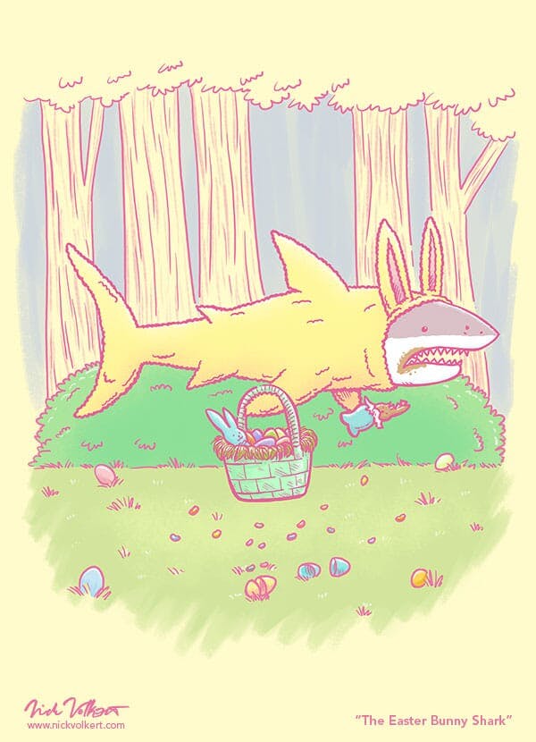 A shark floating freely in a forest scene in Springtime, eating a chocolate bunny, face covered in chocolate, while toting a Easter basket.