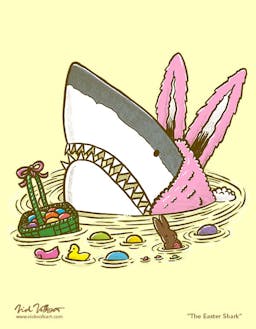 A shark dressed as a pink costumed Easter Bunny pops out of the water with an Easter basket of candy, with the candy in the basket and floating in the water.
