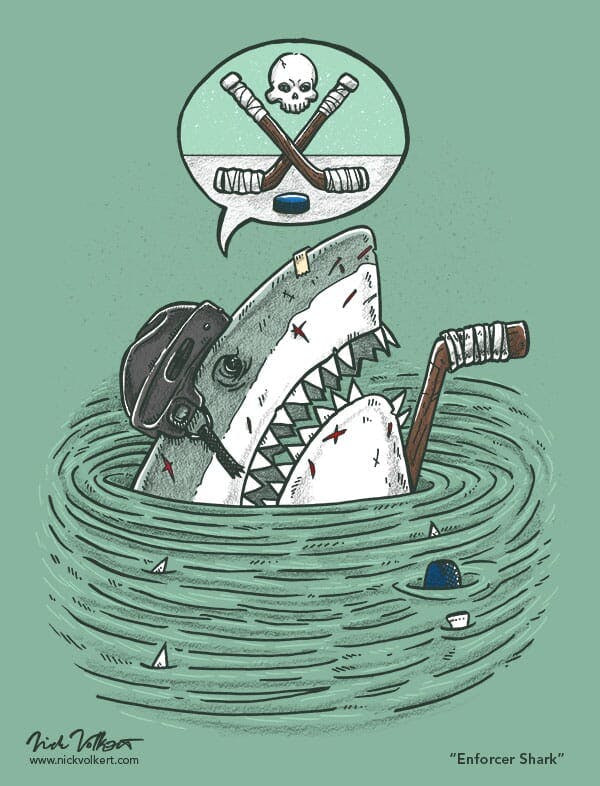 A great white shark peeks out of the water all beat up from being a hockey goon.