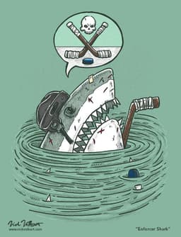A great white shark peeks out of the water all beat up from being a hockey goon.