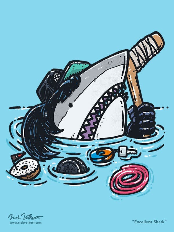 A shark peeks out of the water with a black trucker hat over a mullet, hockey stick and rope licorice.