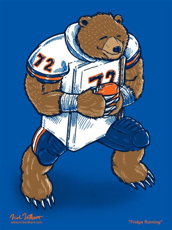 A grizzly bear running with a football and a white Chicago Bears jersey with the number 72.