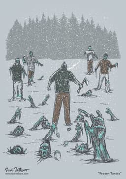 An underdressed man walking through a field of frozen zombies during a snowstorm.