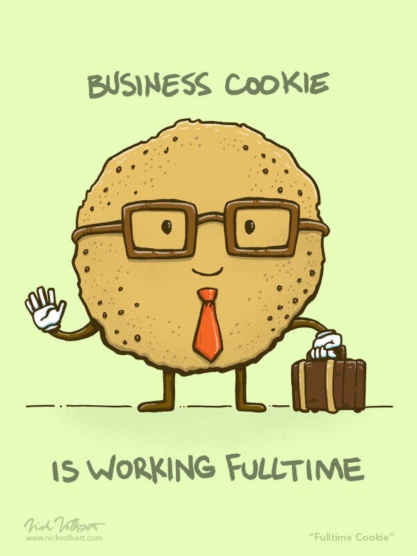A cookie with glasses and a briefcase gets ready for full time employment.