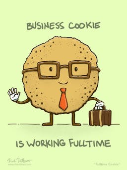 A cookie with glasses and a briefcase gets ready for full time employment.