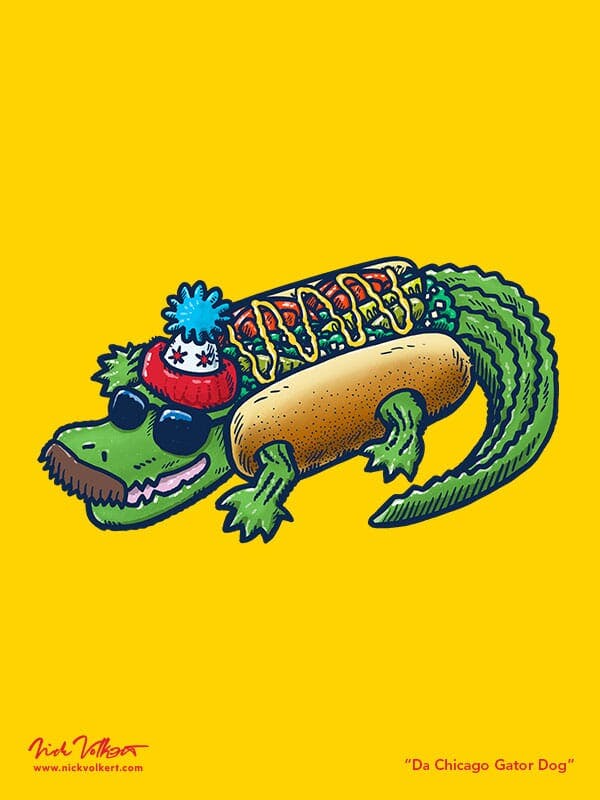 A gator wearing a chicago-style hot dog costume with sunglasses and a mustache.
