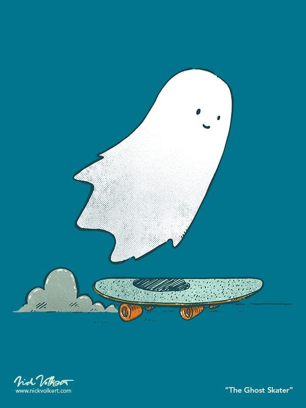 A happy ghost floats above a skateboard