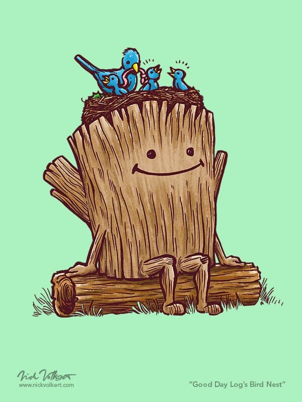 A little log has a next of birds resting on his head.