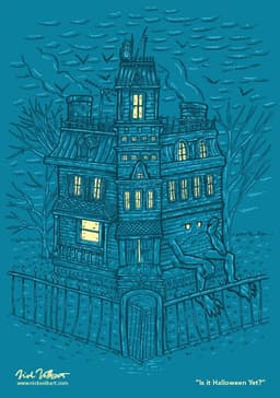 A haunted house looks bored as a spooky bat-filled sky looms above.