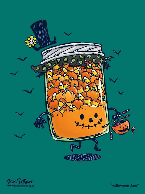 A jar of jam dressed in the theme of Halloween with candy corn contents and a jack o'lantern face.