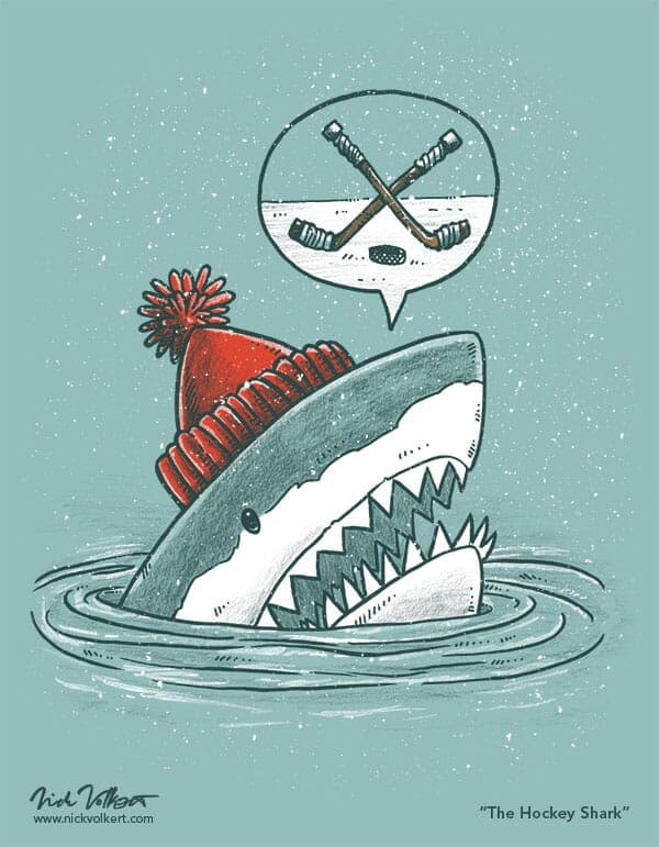 A shark pops out of the water ready to play a game of hockey with a speech caption that has two hockey sticks crossing above a puck.