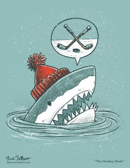 A shark pops out of the water ready to play a game of hockey with a speech caption that has two hockey sticks crossing above a puck.