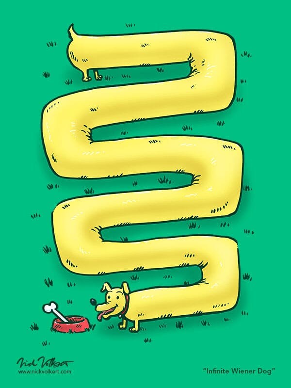 An elongated and winding weiner dog winds along the green grass to its bowl and bone.