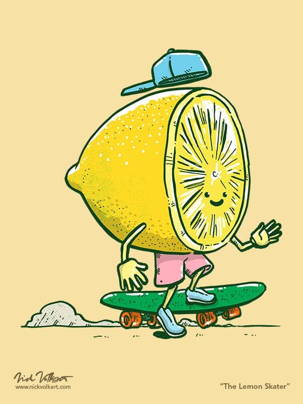 A lemon with a ball cap on backwards skates on a skate deck.