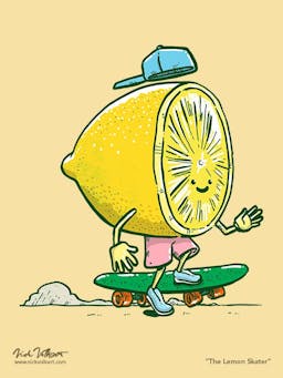 A lemon with a ball cap on backwards skates on a skate deck.