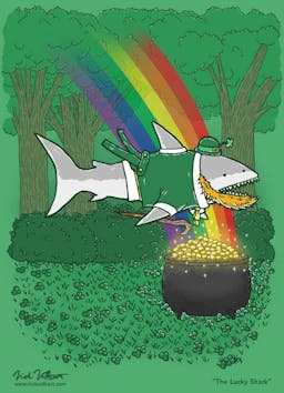 A shark is dressed as a leprechan by a pot of gold.