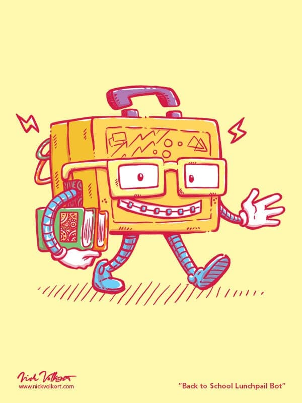 A small smiling lunch box, with glasses and braces, walks to class.