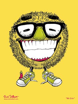 A smiling monster wearing glasses and sporting a large grin.