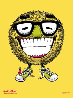 A smiling monster wearing glasses and sporting a large grin.