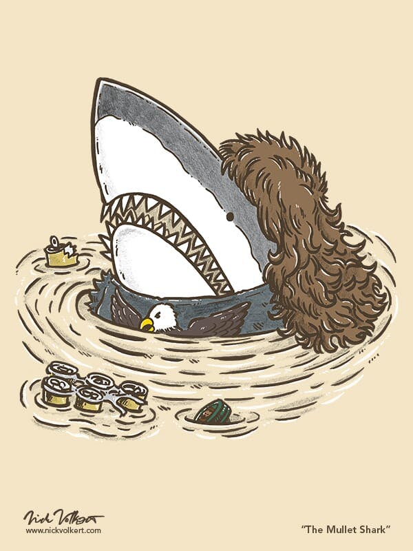 A shark with a mullet emerges from the water with a sixer and a sleeveless eagle tee shirt.