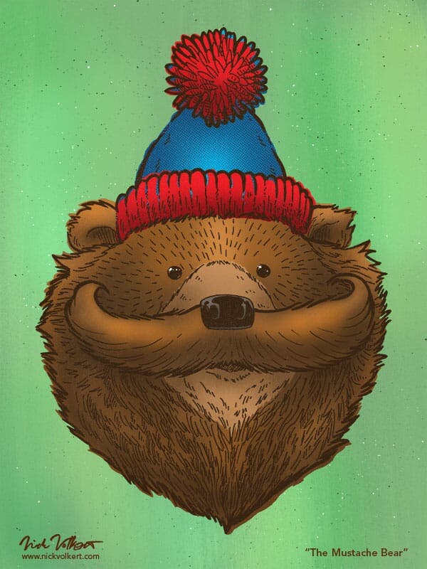 A bear in a stocking cap has a large mustache.