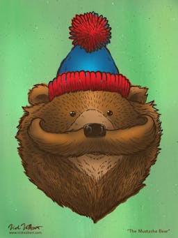A bear in a stocking cap has a large mustache.