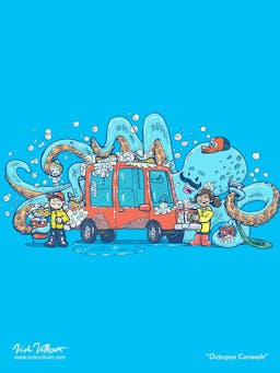 A friendly octopus with a mustache helps some young kids in rain coats wash a red car