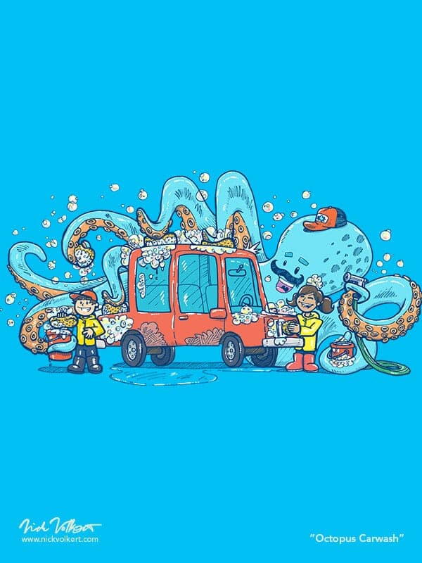 A friendly octopus with a mustache helps some young kids in rain coats wash a red car