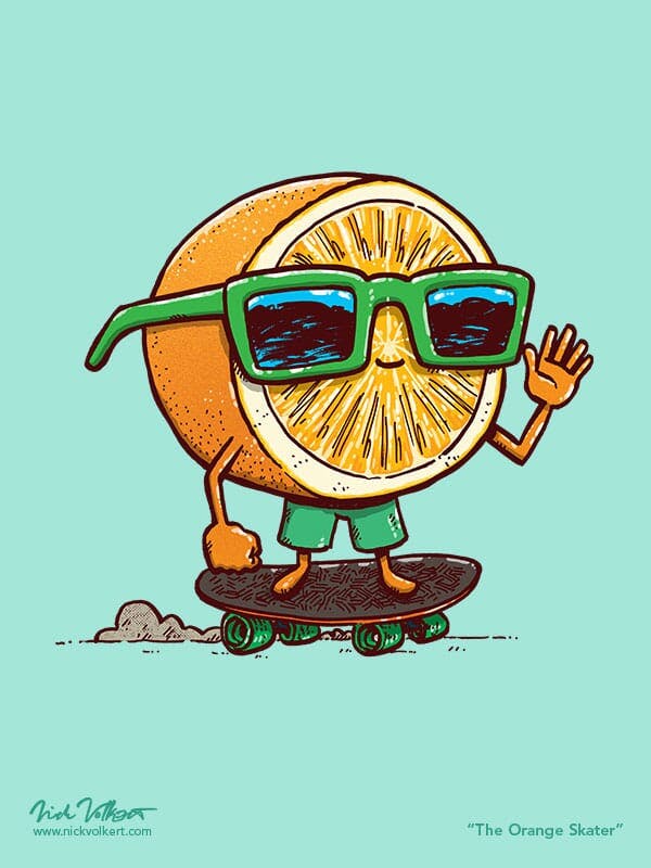 An orange with green sunglasses skates on a skateboard while waving
